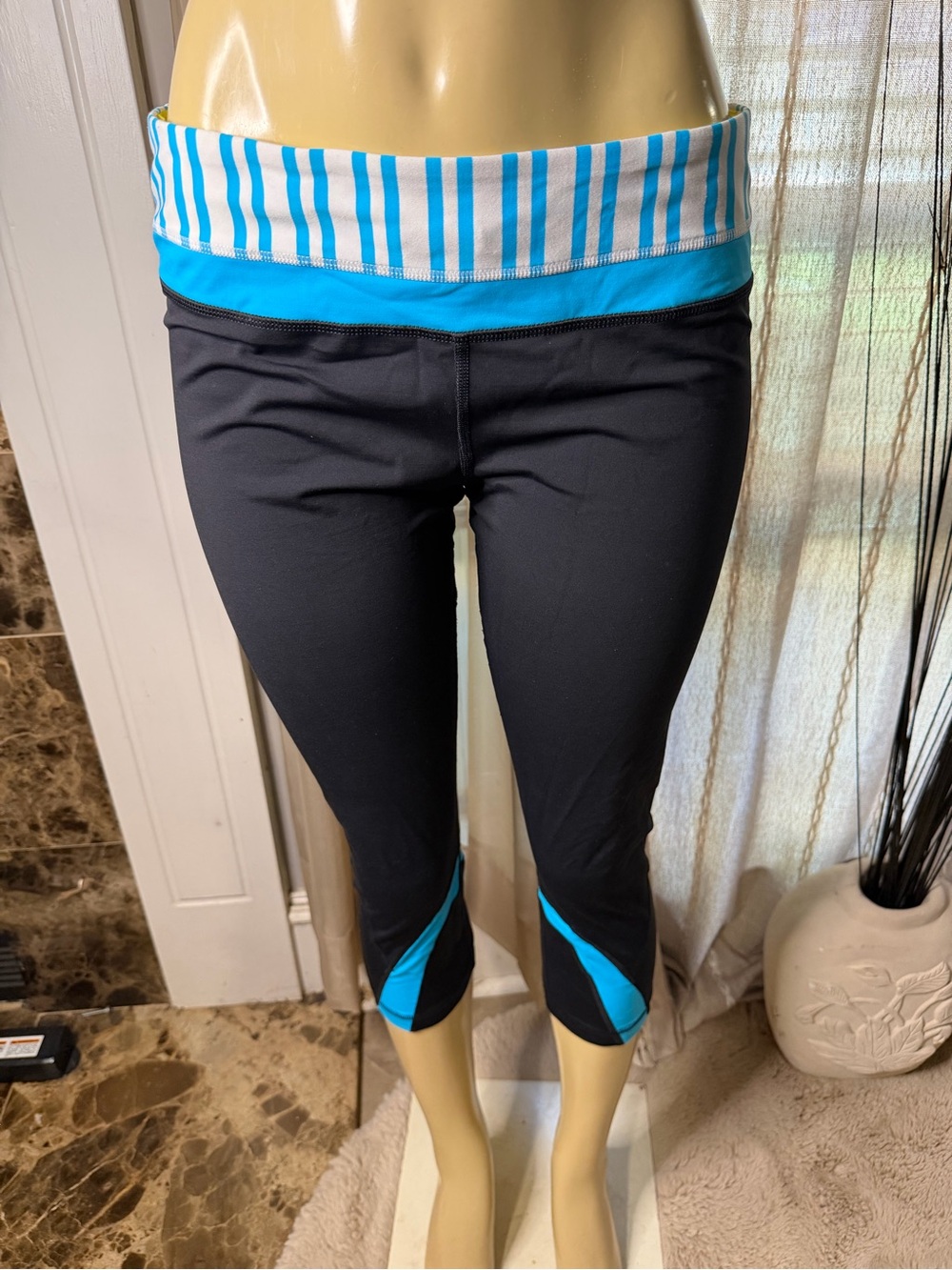 lululemon athletica Black Capri Leggings with Aqua Striped Waistband